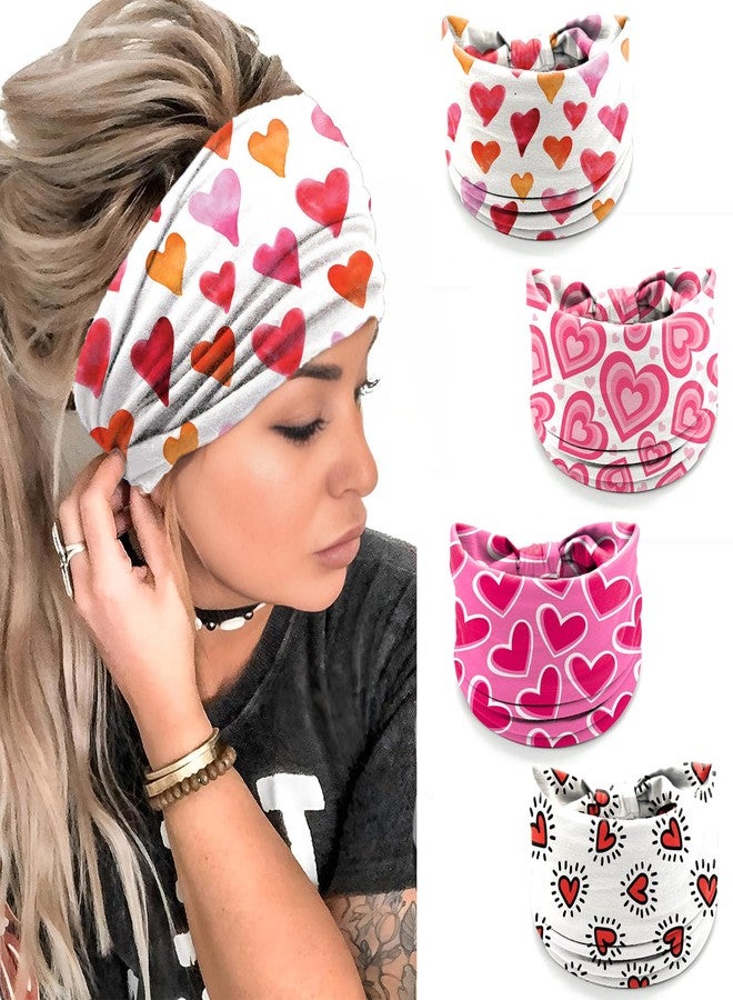 winthrop 4 Pcs Valentine's Day Headbands for Women, Pink Wide Turban Dress Up Costume Breathable Stretchy Non Slip Head Wrap, Love Heart Printed Pattern Holiday Fall Winter Hair Band for Yoga Running Party - Image 1